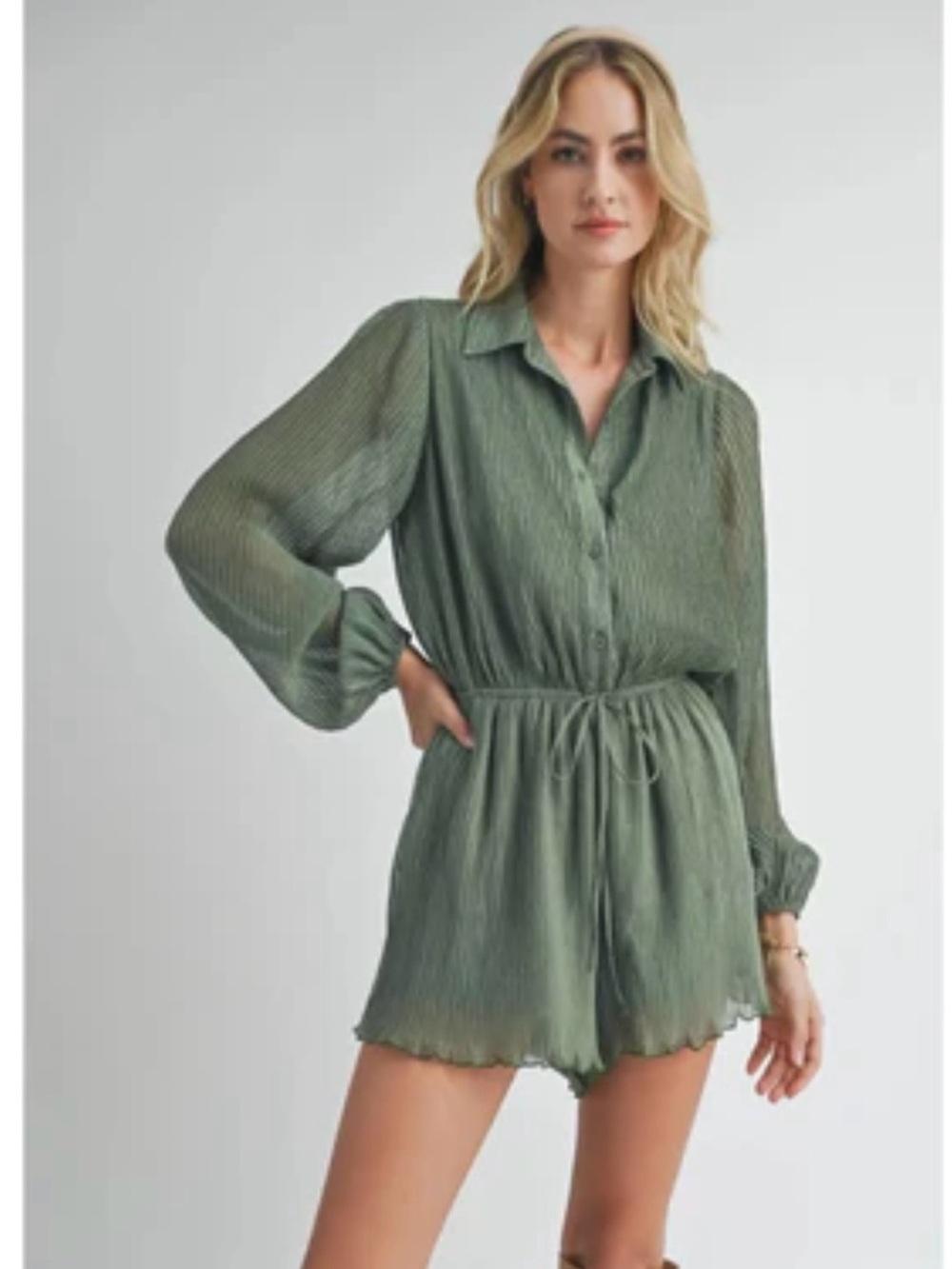 Green Long Sleeve Button-Up Romper